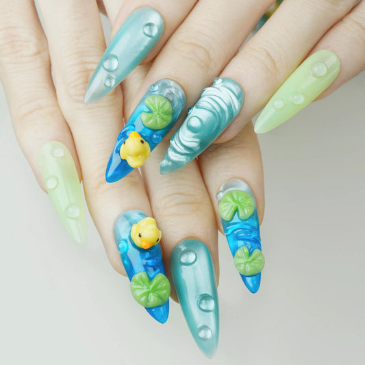 Nails with colorful designs on a light background