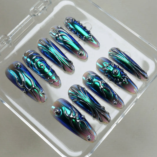 Iridescent nail art designs on a clear tray