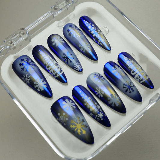 Set of blue nail art designs with snowflake patterns in a clear case.