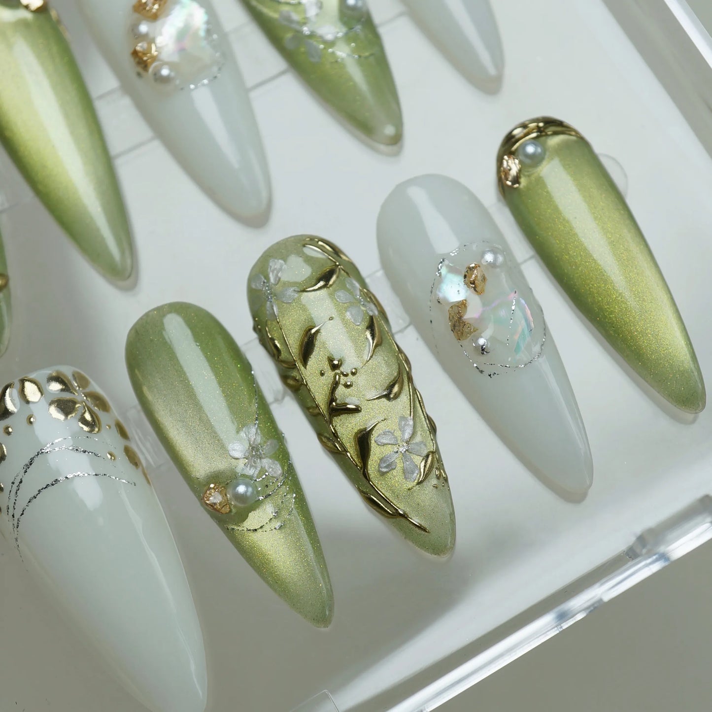 Laurel Veil press-on nail set product view with ceremonial sage green, gold botanical, and pearl nail art by Donailsart