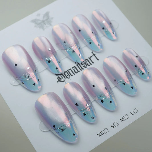 A12 | Pastel Nebula press-on nails on display showing the full iridescent pastel chrome nail art collection – Donailsart
