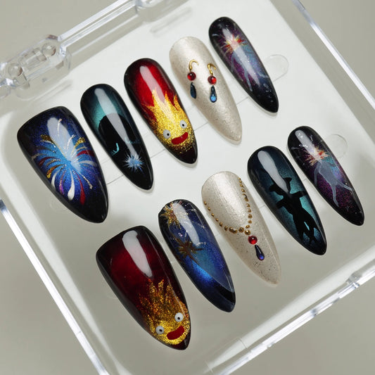Howl's Moving Castle press-on nails on display showing the full fantasy anime-inspired nail art collection – Donailsart