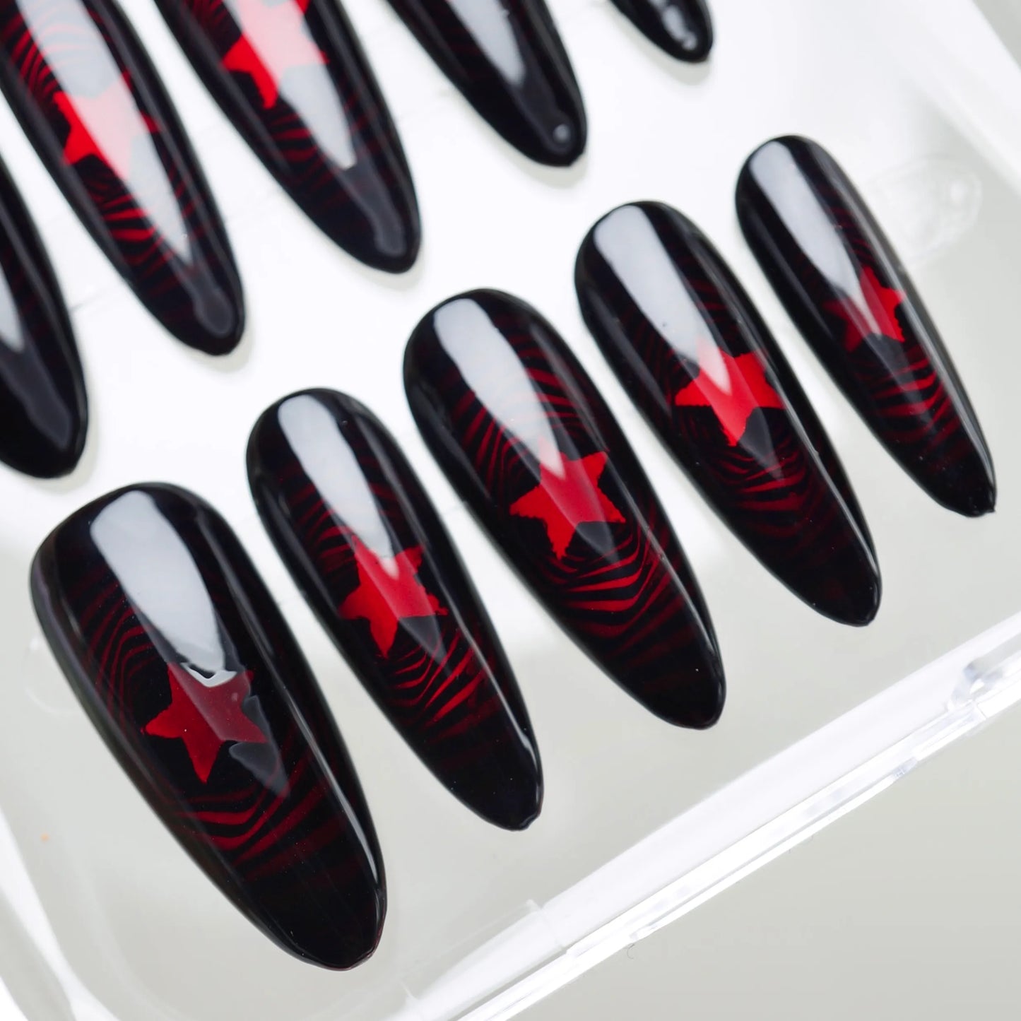 Neural Red press-on nail set product view with dark futuristic cybercore red and black nail art by Donailsart