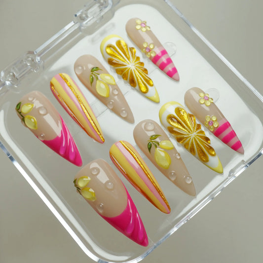 Lemon Sugar Rush press-on nails on display showing the full retro candy summer nail art collection – Donailsart