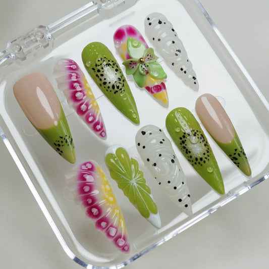 Fruit Static press-on nails on display showing the full vibrant tropical fruit nail art collection – Donailsart