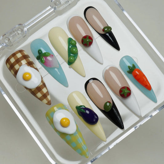 Picnic Plate press-on nails on display showing the full playful picnic food nail art collection – Donailsart