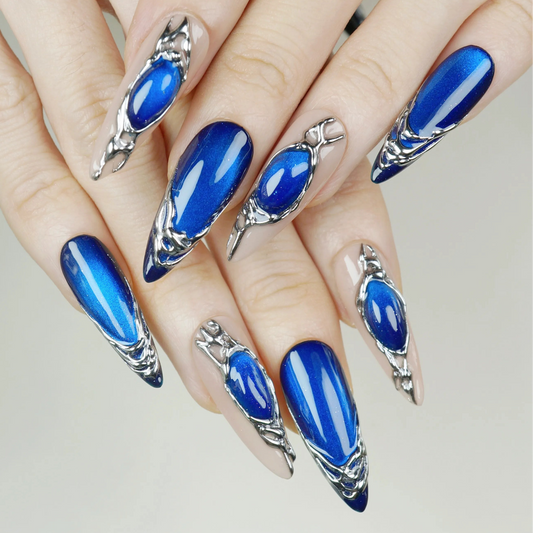 Blue Alloy press-on nails on hand – Donailsart