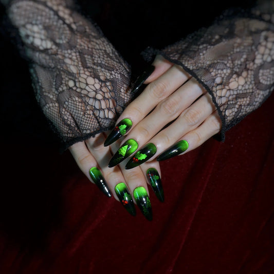Merry Spell neon green and black Christmas press-on nails with Christmas tree silhouettes, full set