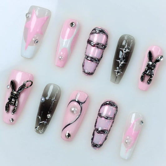 Piercing Rabbit press-on nails on display showing the full cute edgy rabbit character nail art collection – Donailsart