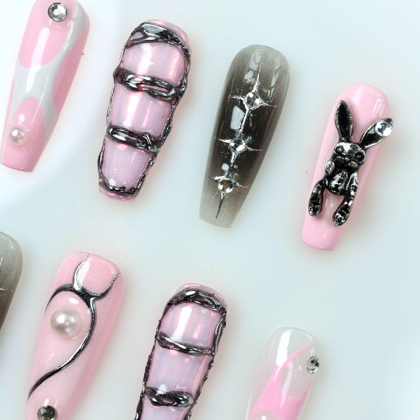 Piercing Rabbit press-on nail set product view with bold edgy rabbit character nail art by Donailsart