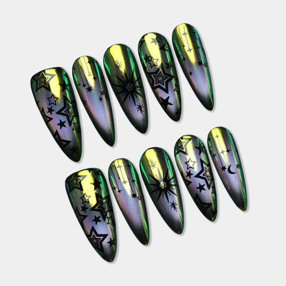 Astral Hex press-on nail set by Donailsart – galaxy-inspired nail art