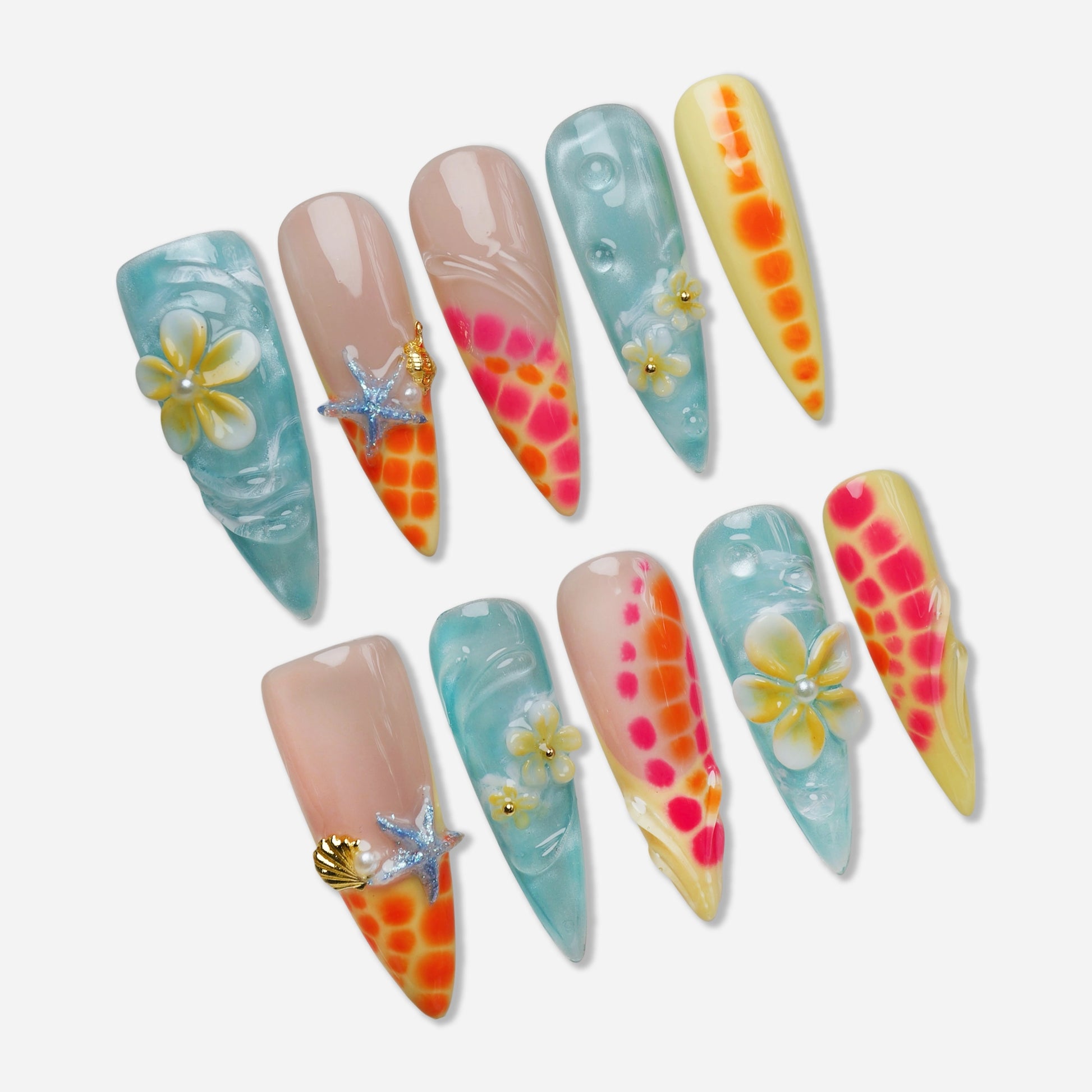 Neon Reef press-on nail set by Donailsart – tropical coral reef nails with neon orange and pink gradients, ocean blue translucent gel, and 3D bloom details