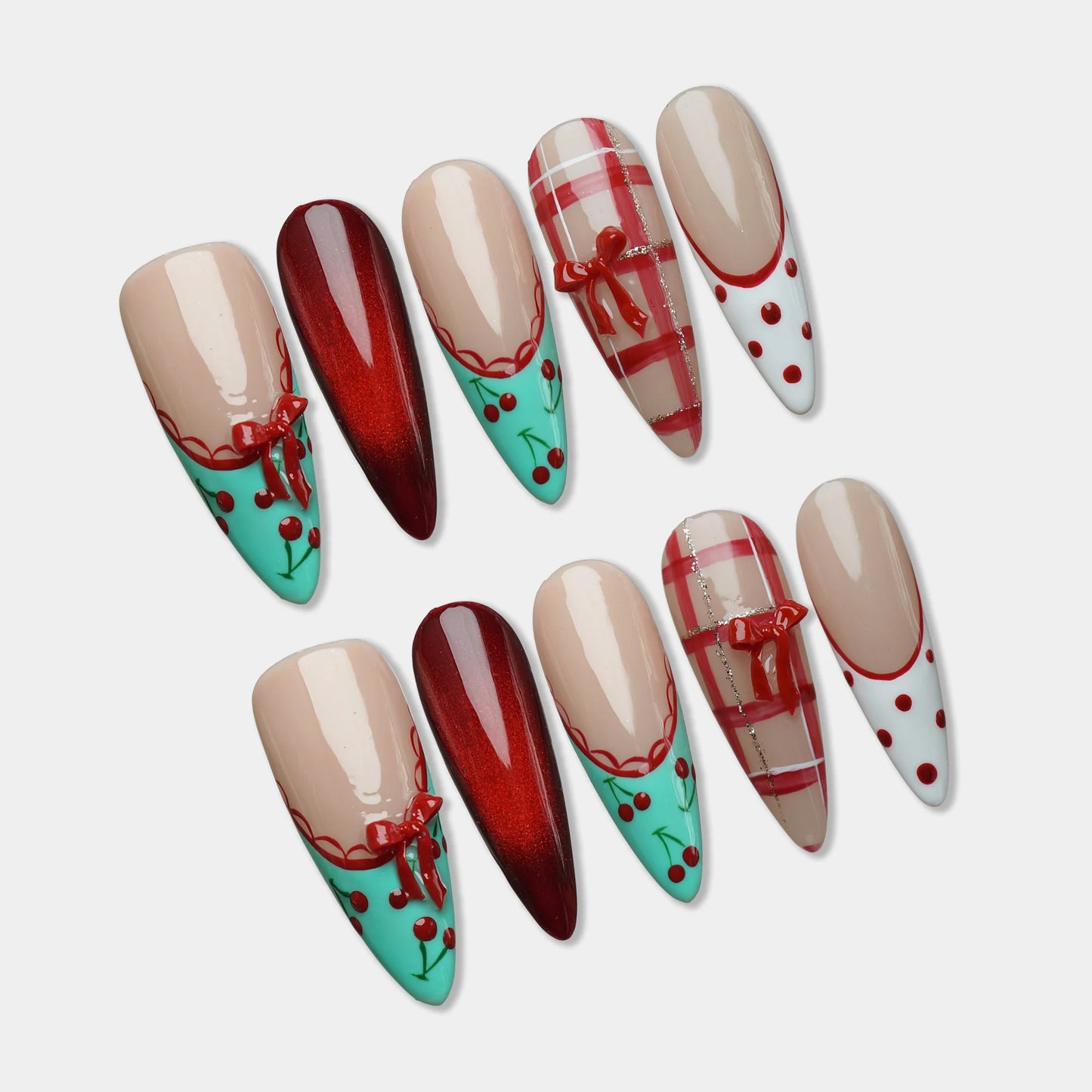 Cherry Ribbon press-on nail set by Donailsart – cherry red nail art