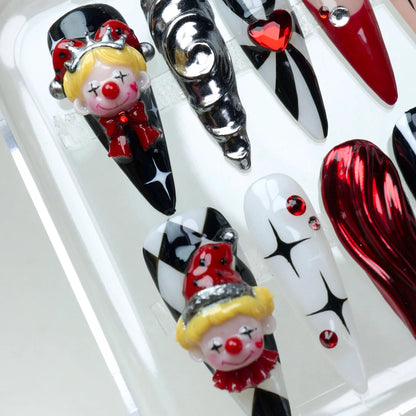 Clown nails with 3D elements, heart tips, and red rhinestones – handcrafted by Donailsart.