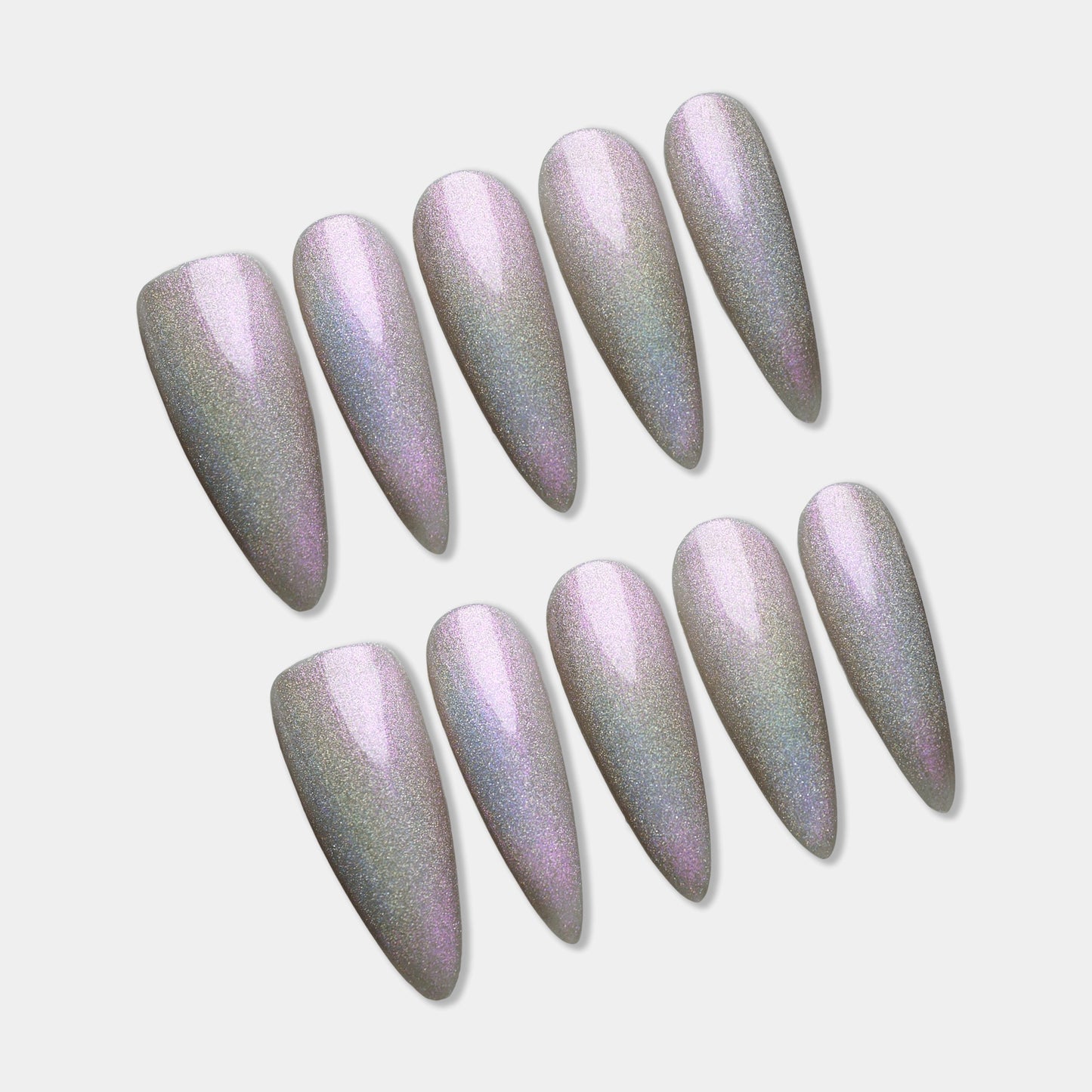 Set of iridescent nail art designs on a light gray background