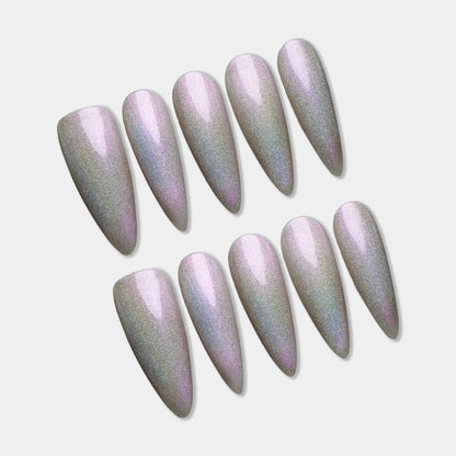 Set of iridescent nail art designs on a light gray background