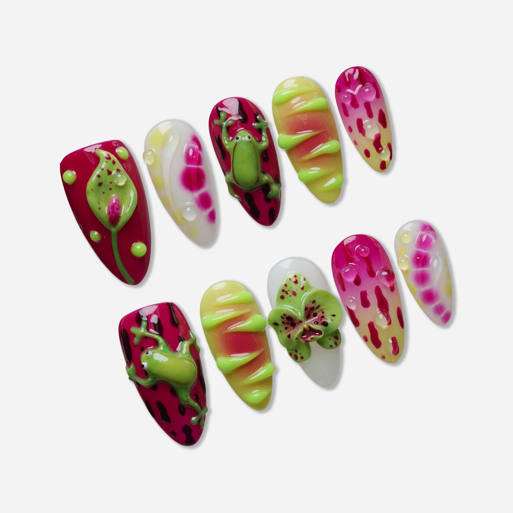 Colorful nail art designs on a white background