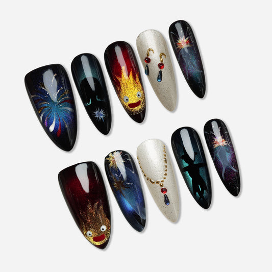 Howl's Moving Castle press-on nail set by Donailsart – anime-inspired fantasy nail art with enchanted castle and magical fire designs
