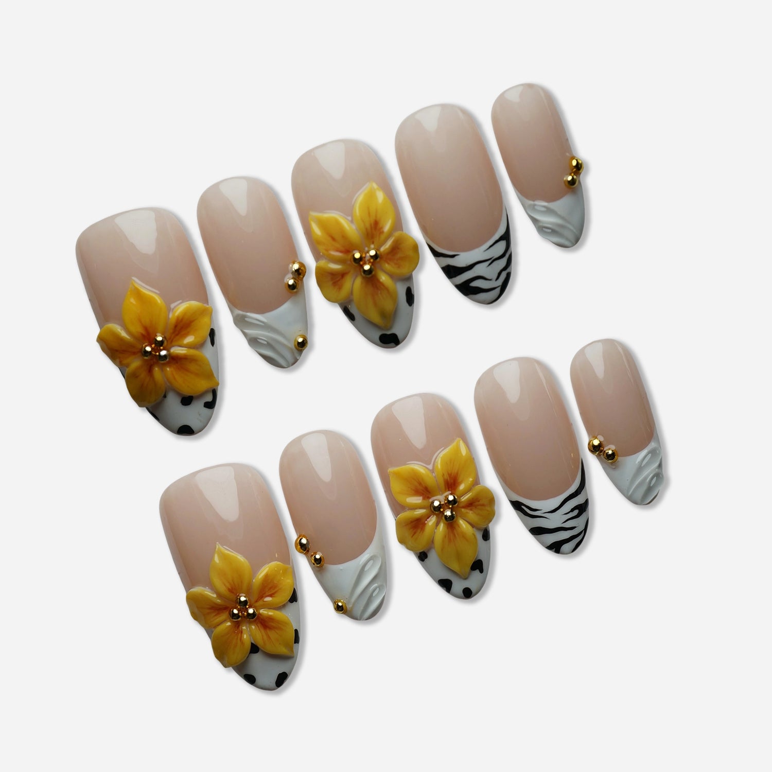 B6 | Honey Bloom press-on nail set by Donailsart – warm nude nails with deep smoky gradients and sculpted fluid chrome metallic details