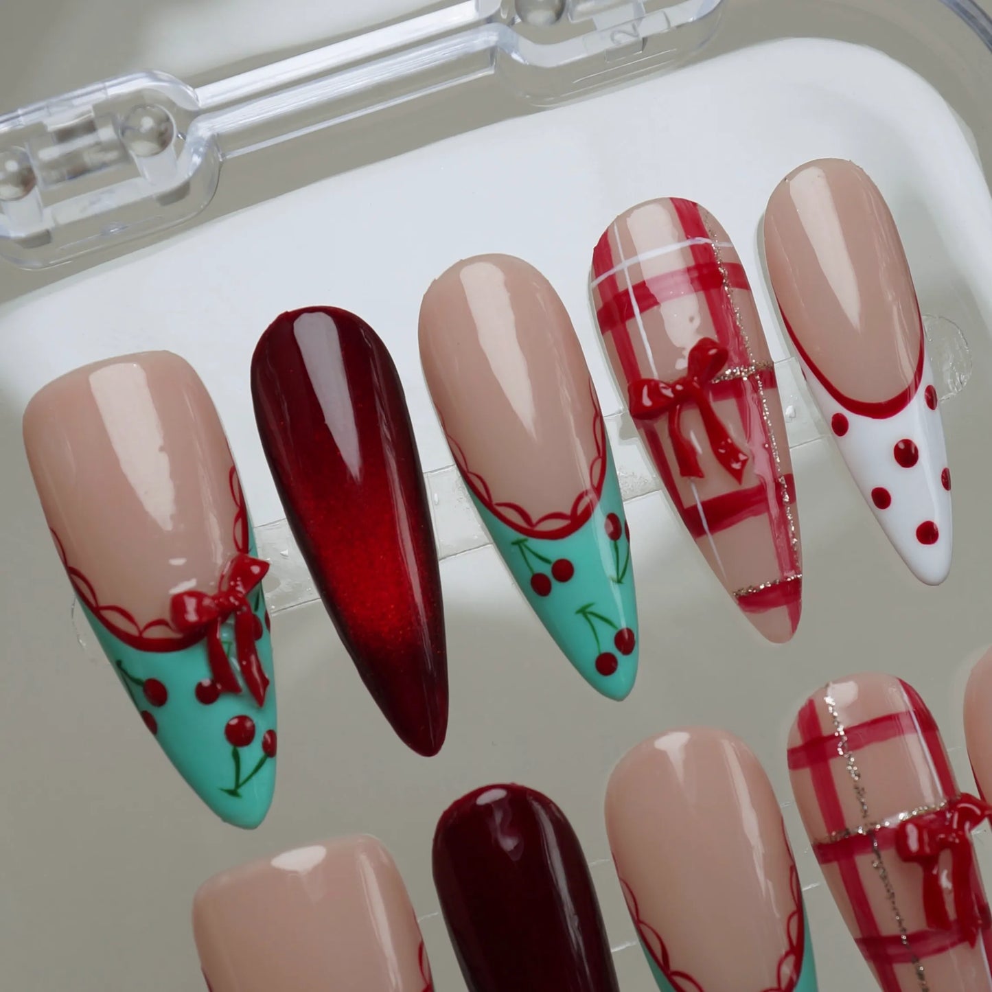 Cherry Ribbon nail art side angle – Donailsart