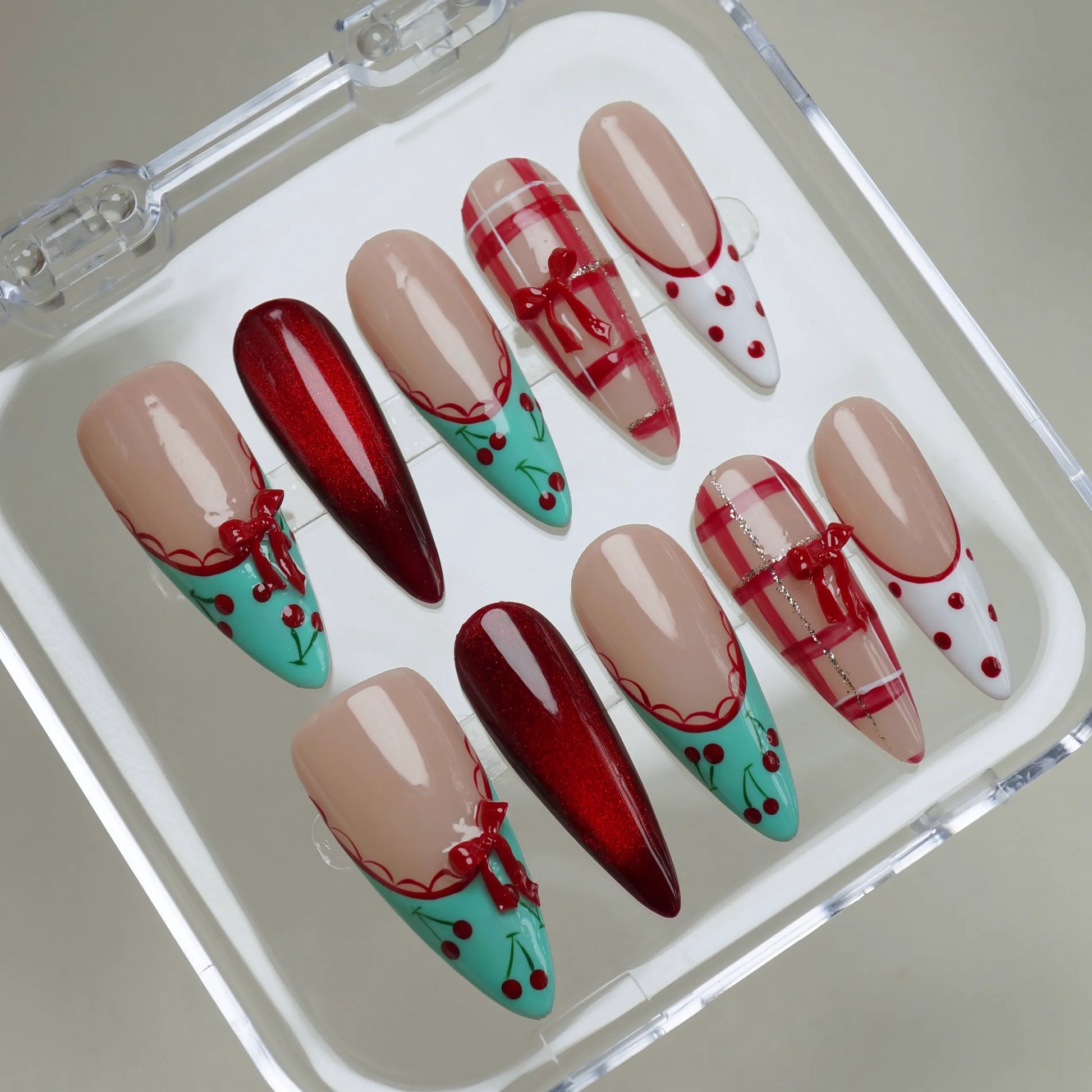 Cherry Ribbon press-on nails on hand – Donailsart