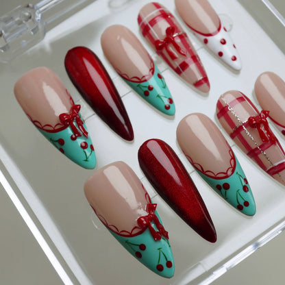 Cherry Ribbon nail art close-up – Donailsart
