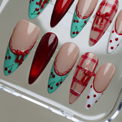 Cherry Ribbon nail art detail view – Donailsart