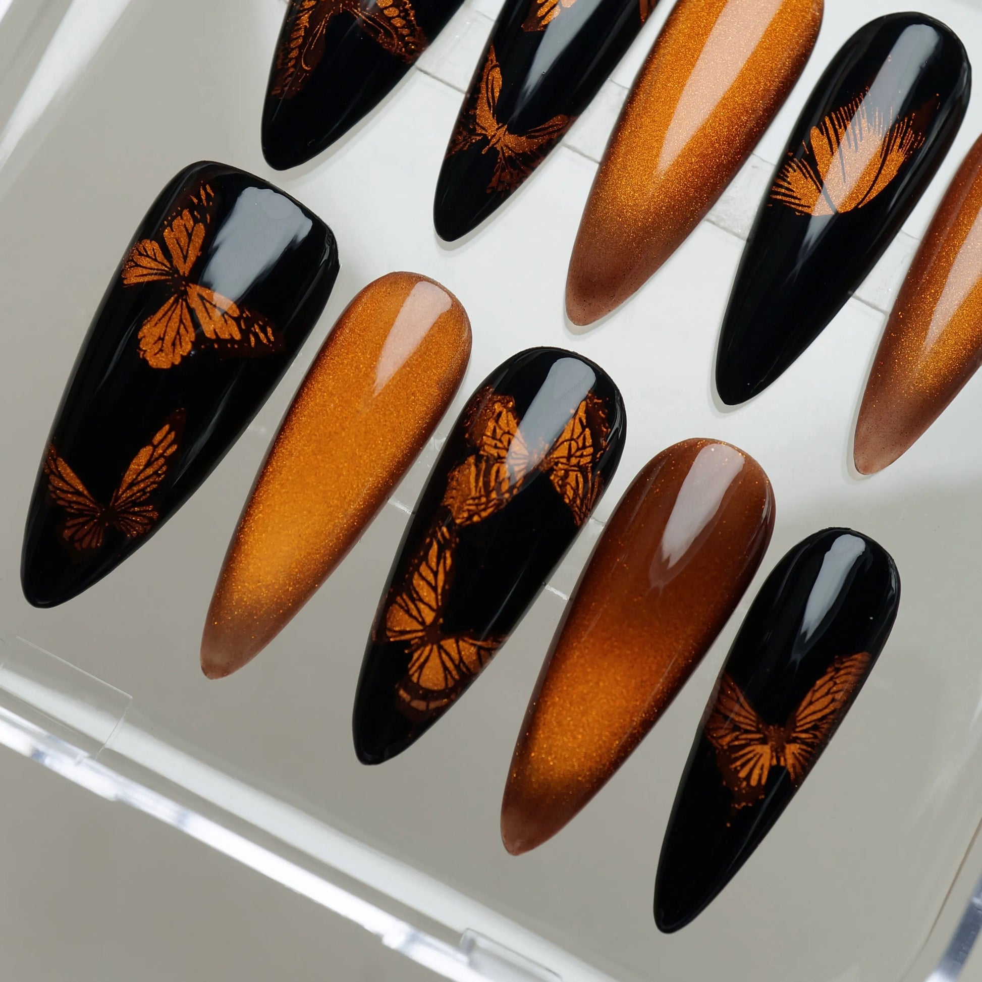 Amber Monarch nail art close-up – Donailsart