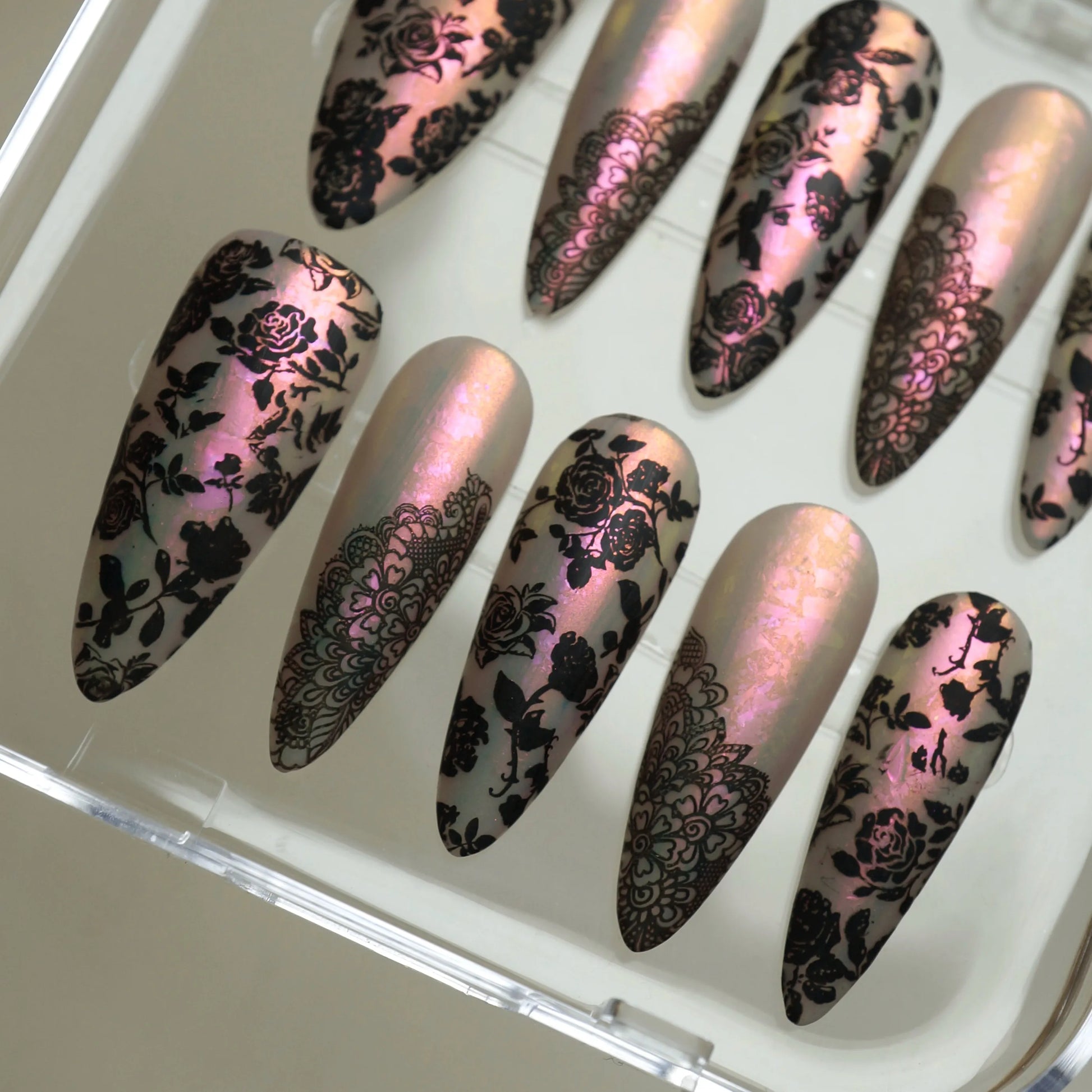 Opaline Veil nail art product view featuring gothic lace floral details on a luminous opal shifting nail – Donailsart