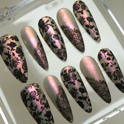Opaline Veil press-on nails side angle showing ethereal iridescent pearl base and black lace nail art – Donailsart