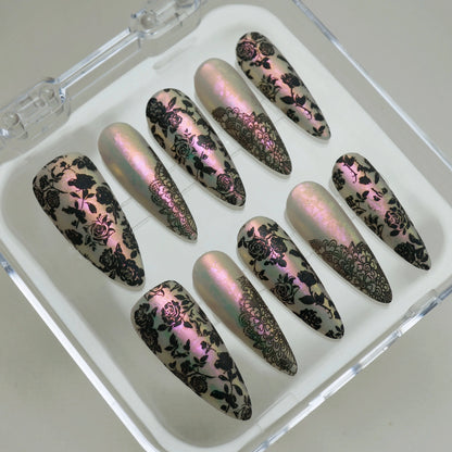 Opaline Veil nail art detail view featuring vintage lace embroidery overlay on a soft opalescent glowing nail surface – Donailsart