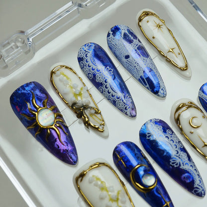 Celestine Sovereign press-on nail set product view with powerful midnight cobalt, gold celestial, and opal nail art by Donailsart