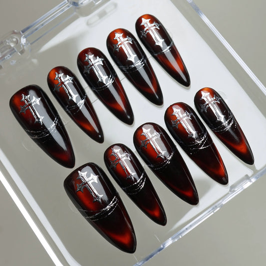 Vesper Fang press-on nails on display showing the full dark red to black gothic nail art collection – Donailsart