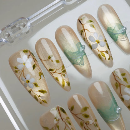 Orchard Veil nail art detail view featuring translucent mint ribbon accent and botanical floral vine nail designs – Donailsart