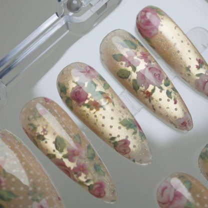 Heirloom Petals press-on nail set product view with romantic vintage rose and golden champagne shimmer nail art by Donailsart