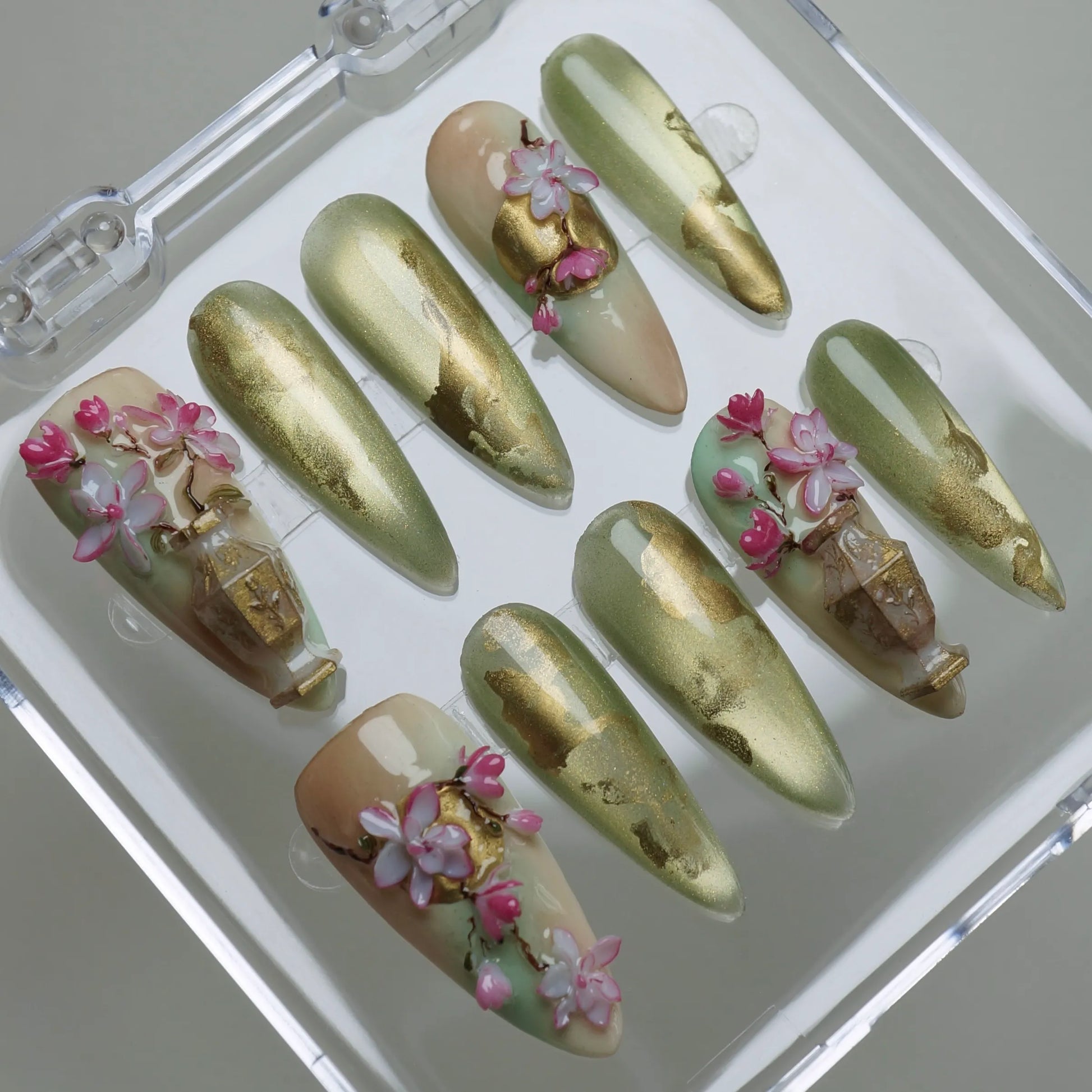 Garden Reverie nail art detail view featuring delicate gold vine and sakura spring floral nail designs – Donailsart