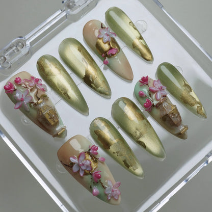 Garden Reverie nail art detail view featuring delicate gold vine and sakura spring floral nail designs – Donailsart
