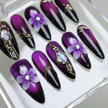Veloria press-on nails side angle showing luxurious amethyst purple and gold jewelry-inspired nail art – Donailsart