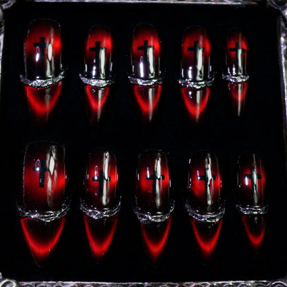 Sinner's Vow press-on nails, detail shot of black cross and chrome band