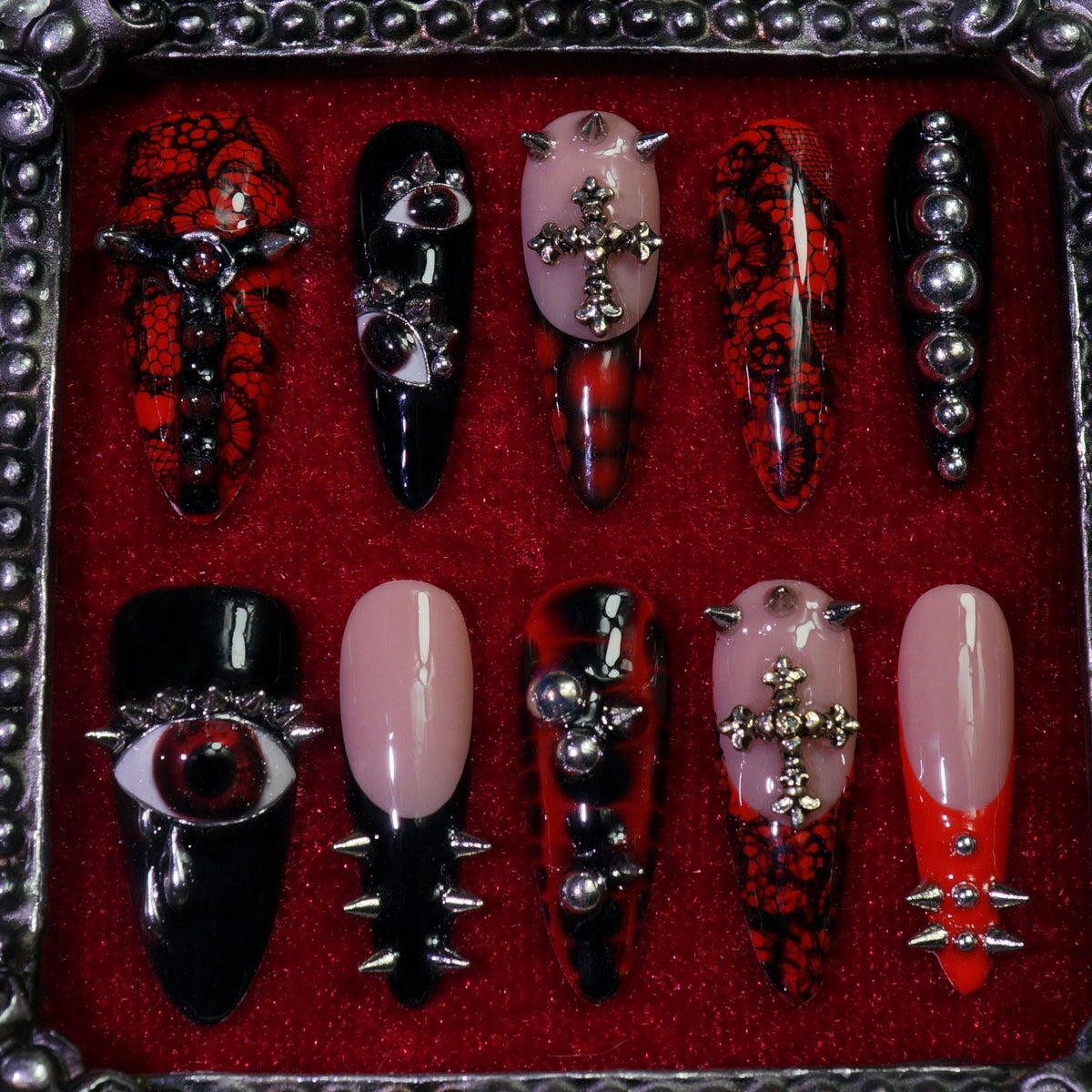 Stained Grace press-on nails, detail shot of ornate gothic details