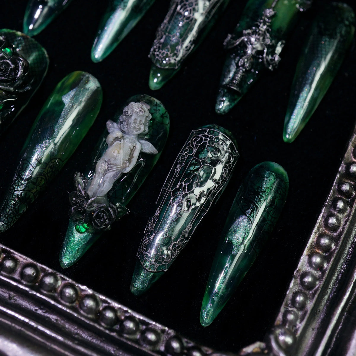 Jade Phantom press-on nails, angled close-up of ghostly jade shimmer