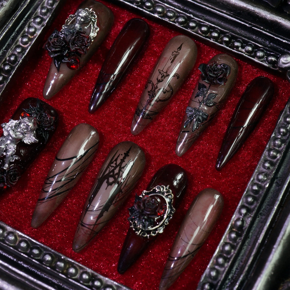 Gothic Rose press-on nails, close-up of dark 3D roses