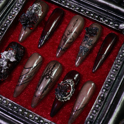 Gothic Rose press-on nails, close-up of dark 3D roses