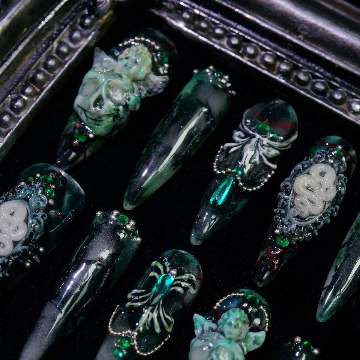 Jade Skull press-on nails, close-up of jade skull details