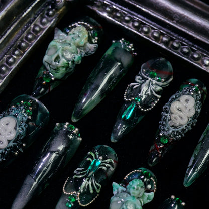 Jade Skull press-on nails, close-up of jade skull details