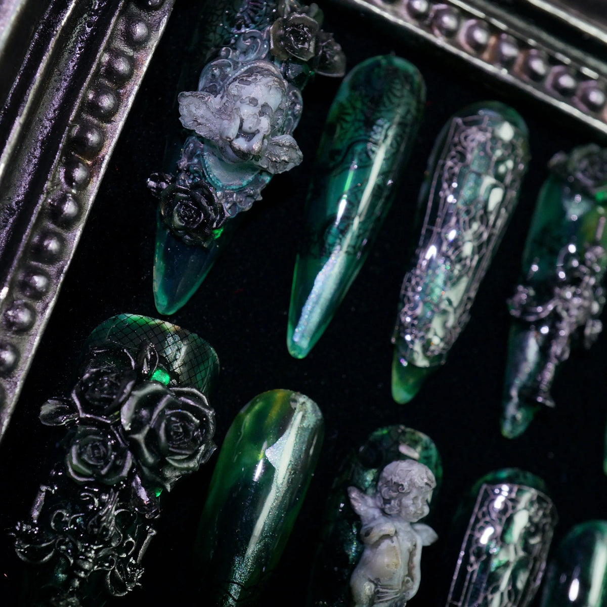 Jade Phantom press-on nails, close-up of ghostly jade shimmer