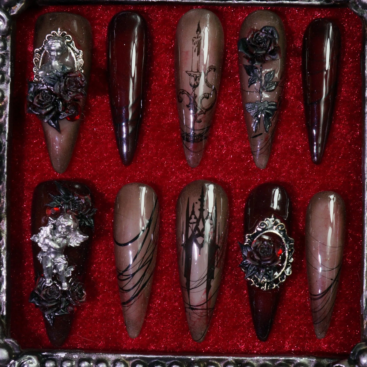 Gothic Rose press-on nails, detail shot of dark 3D roses