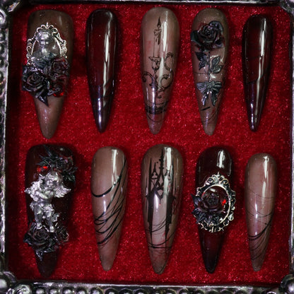 Gothic Rose press-on nails, detail shot of dark 3D roses
