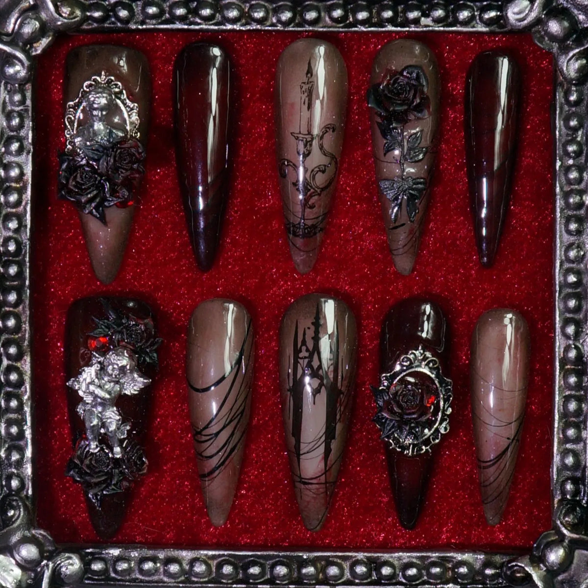 Gothic Rose press-on nails: black and nude nails with dark 3D roses and gothic details