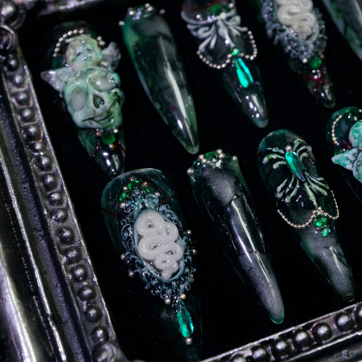 Jade Skull press-on nails, angled close-up of jade skull details